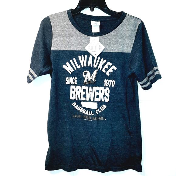 MLB Brewers Womens T SHIRT Large Milwaukee Baseball Navy Short Sleeve New Logo - Picture 1 of 4